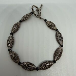 Vintage Silver Tone Textured Oval Bead Toggle Bracelet 7.5”